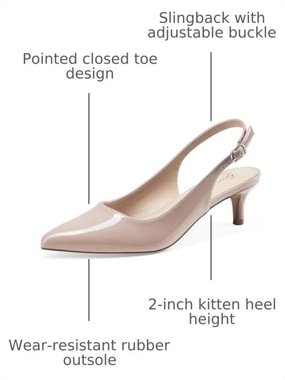 Women's Nude Pink Patent Slingback Pump Closed Toe Elegant Low Kitten Heel Shoes
